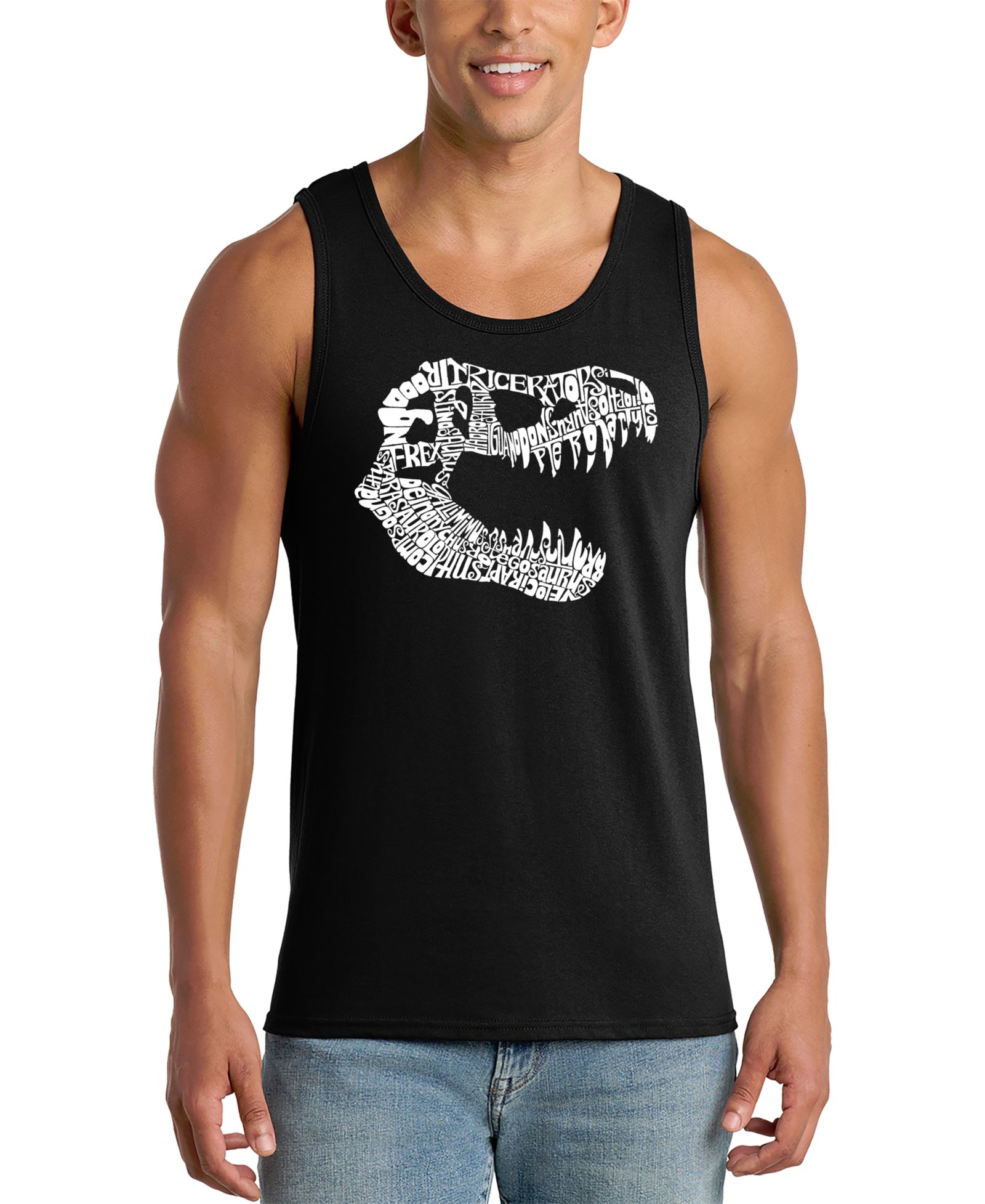 LA Pop Art Men's T-Rex Skull Word Art Graphic Tank Top