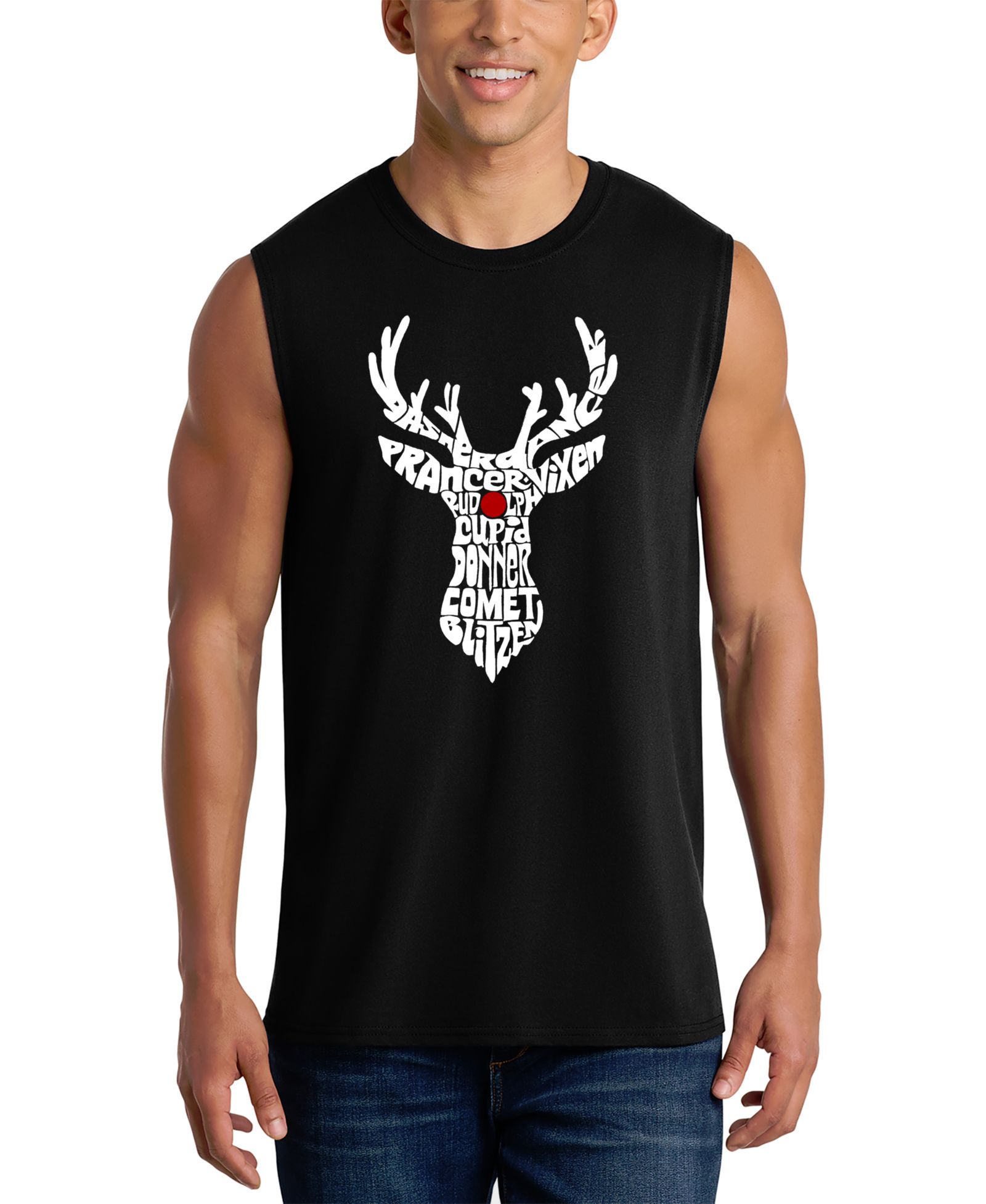 LA Pop Art Men's Reindeer Christmas Word Art Graphic Tank Top