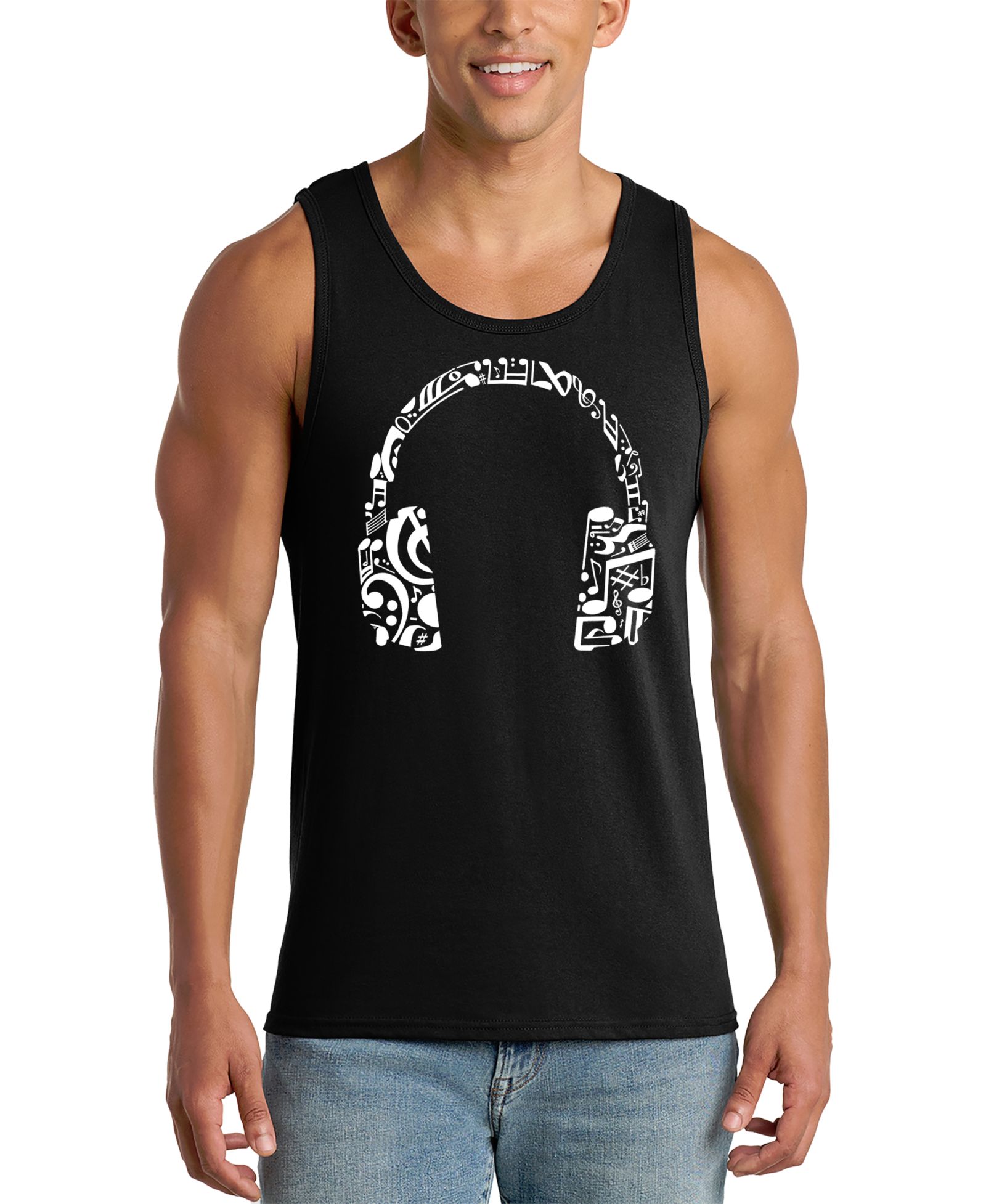 LA Pop Art Men's Headphones Music Word Art Graphic Tank Top