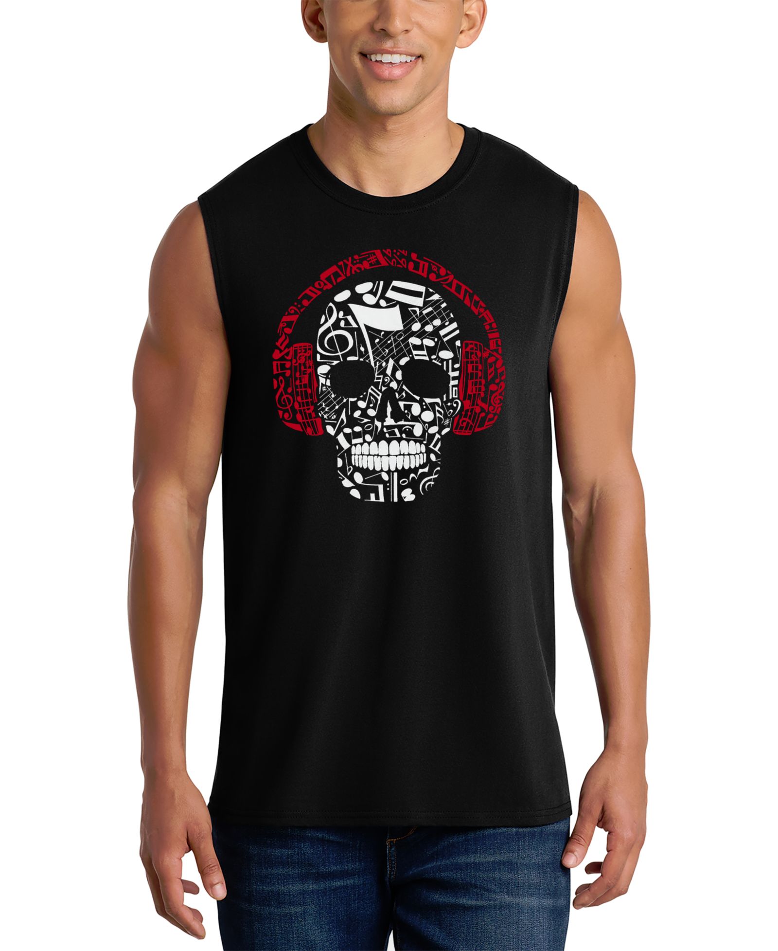 LA Pop Art Men's Skull with Headphones Music Word Art Graphic Tank Top
