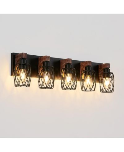 BUSDAYS 31 Inch Industrial Vintage 5 Light Wall Sconce Cage Wall Lighting Fixture with Wooden Accents for Bathroom Hallway Living Room No Bulbs