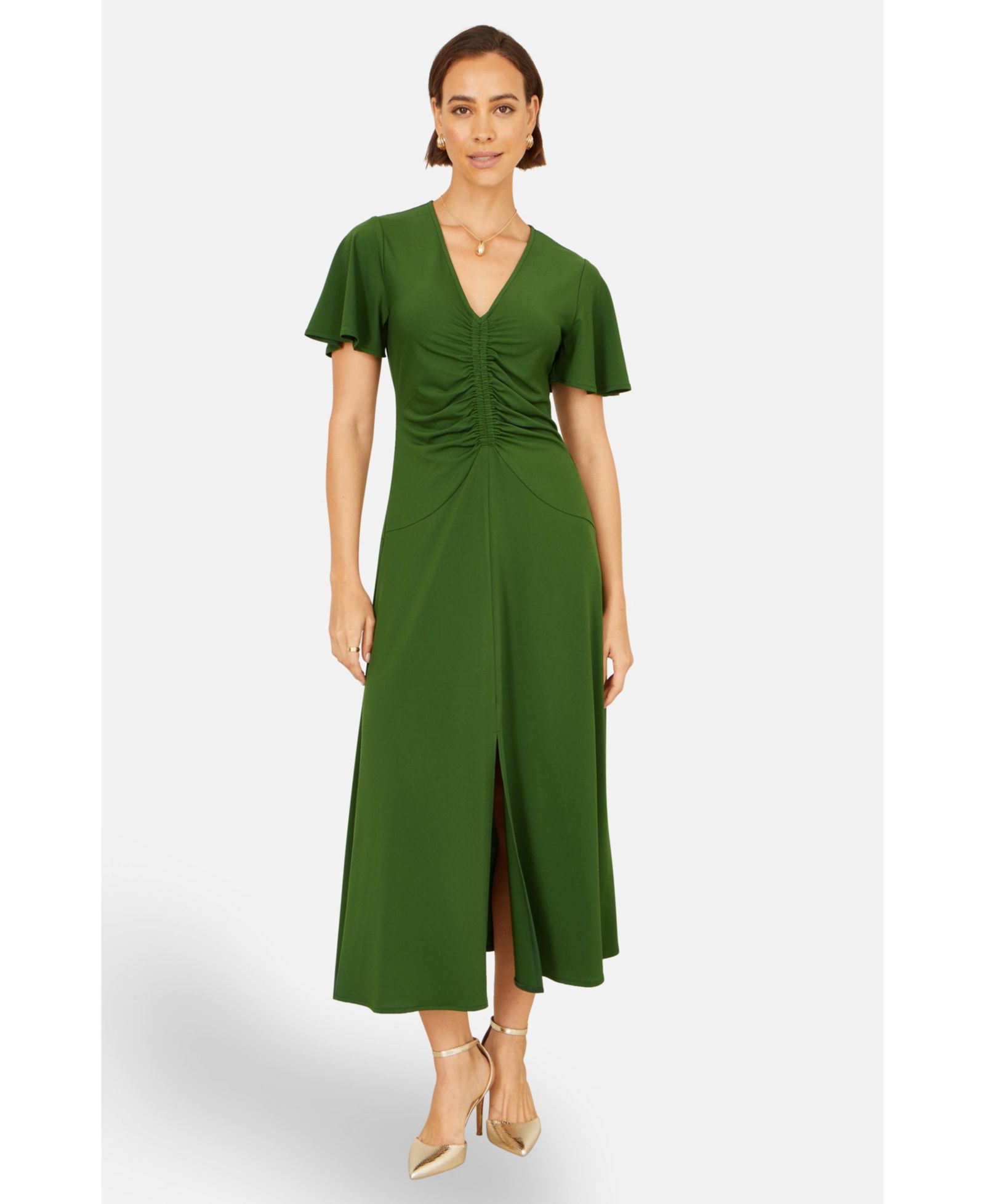 Yumi Women's Ruched Front Stretch Midi Dress