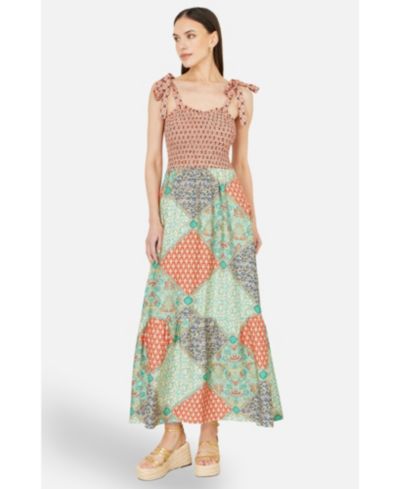 Yumi Women's Viscose Patchwork Ruched Maxi dress