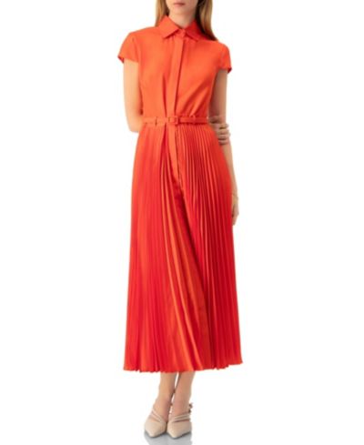 Ivonne Women's Short Sleeve Shirt Style Pleated Maxi-Dress