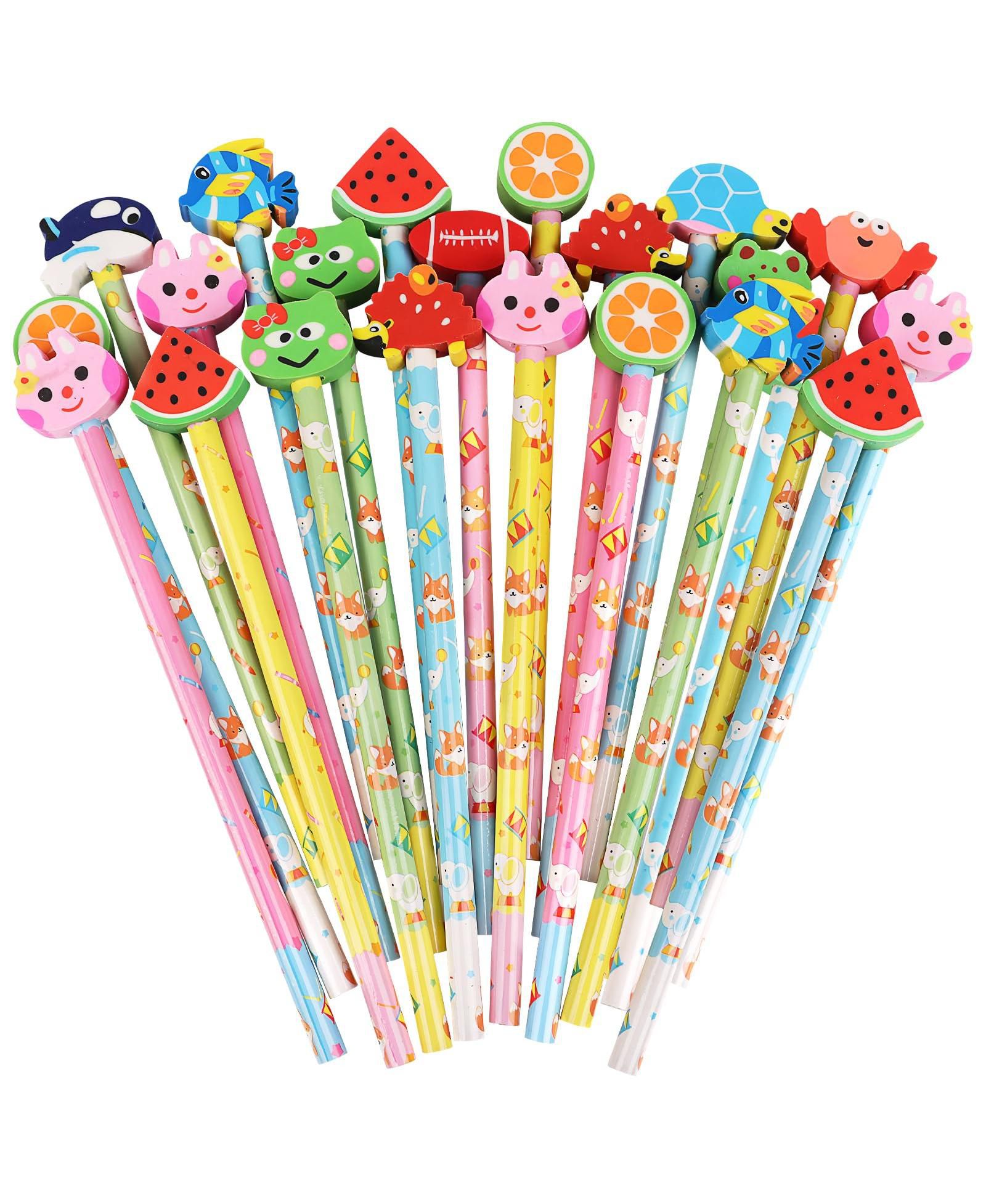 GNUADZ Cute Pencils With Fruit Animal Top Eraser For Students 24pcs