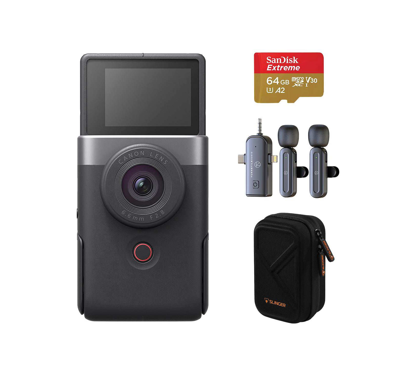 Canon PowerShot V10 Vlog Camera, Silver, with 64GB Memory Card, Mic, Case