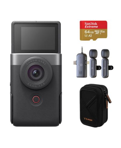 Canon PowerShot V10 Vlog Camera, Silver, with 64GB Memory Card, Mic, Case