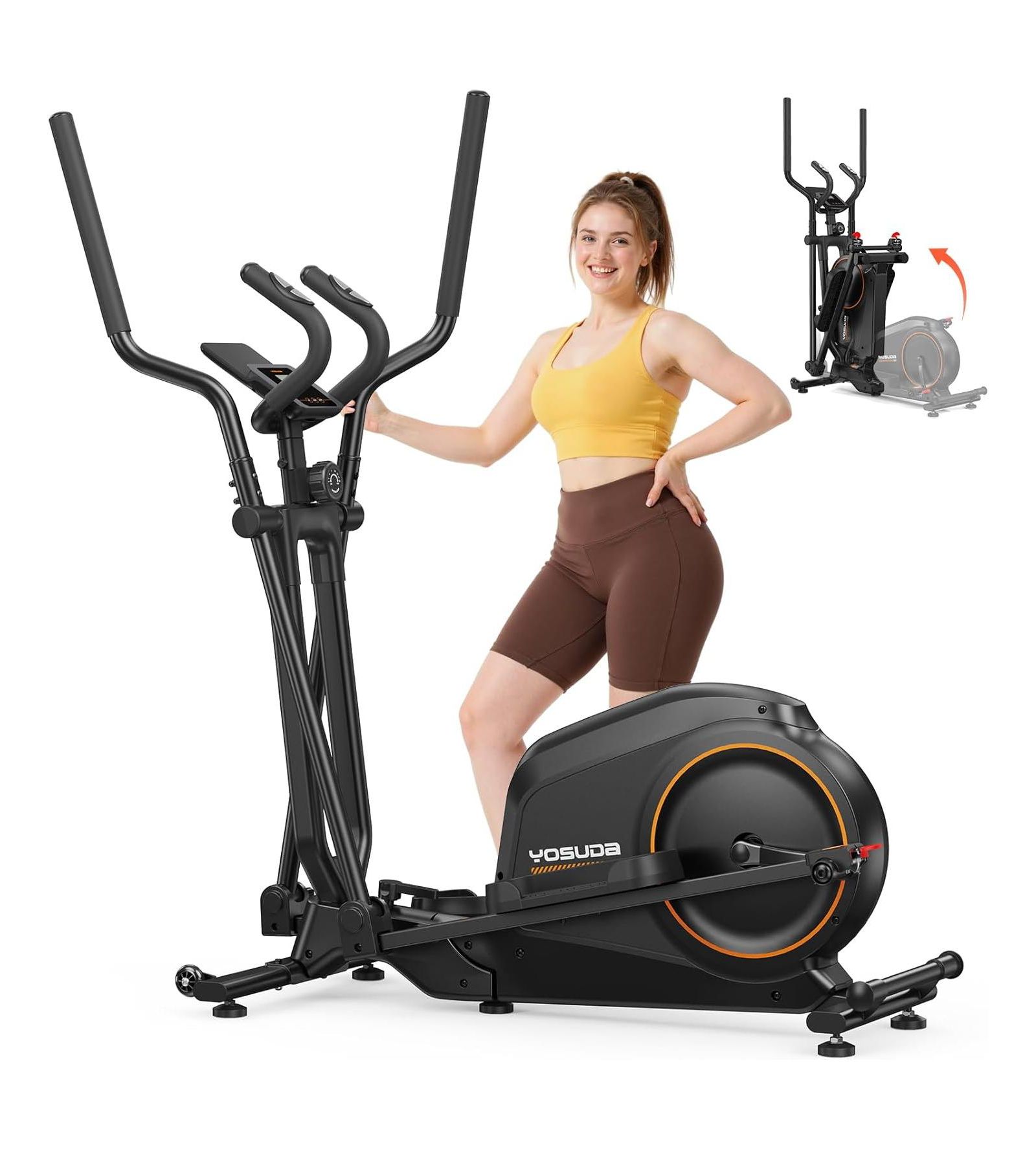 FED FITNESS Foldable Elliptical Machine for Home, 15IN Stride Compact Folding Cross Trainer with 16 Magnetic Resistance Levels