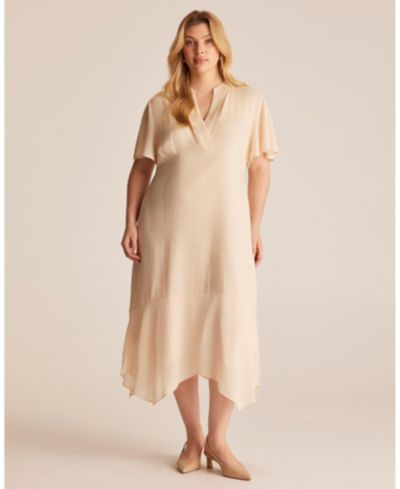 ESTELLE Women's Claudia Linen Contrast Trim V-neck Midi Dress