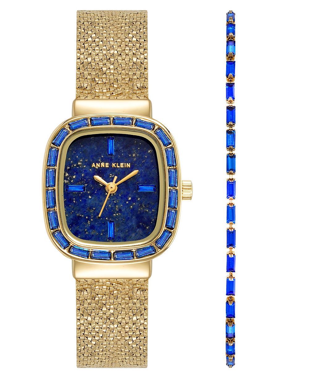 Anne Klein Women's Quartz Blue Lapis Dial Barrel-shaped Gold-Tone Stainless Steel Mesh Watch Set 22.6mm
