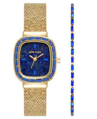 Anne Klein Women's Quartz Blue Lapis Dial Barrel-shaped Gold-Tone Stainless Steel Mesh Watch Set 22.6mm