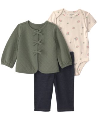 Carter's Baby Girls' Quilted French Terry Long-Sleeve Cardigan, Bodysuit and Pants, 3-Piece Set