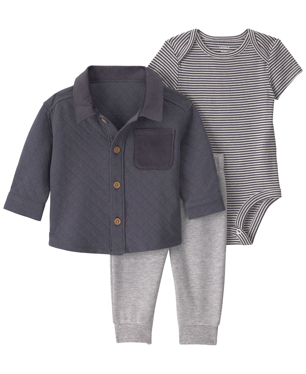 Carter's Baby Boys' Quilted French Terry  Layering Short-Sleeve Bodysuit, Shirt and Pants, 3-Piece Set