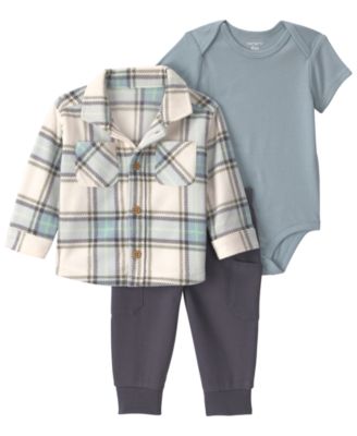 Carter's Baby Boys' Plaid Fleece Layering Short-Sleeve Bodysuit, Shirt and Pants, 3-Piece Set