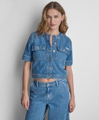 DKNY Jeans Women's Cropped Patch Pocket Short-Sleeve Boucle Denim Shirt Jacket