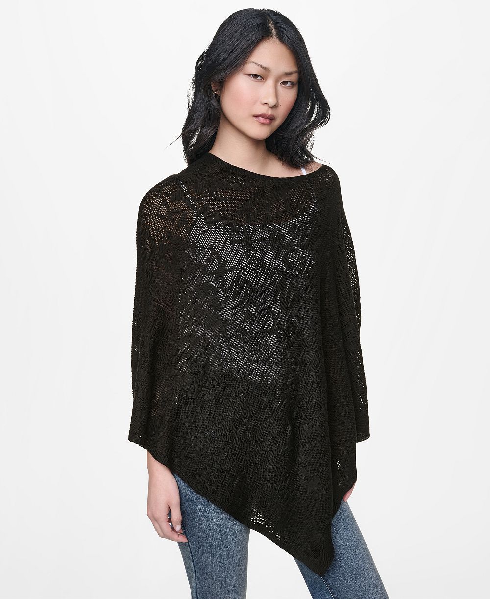 DKNY Jeans Women's Asymmetric Logo Pointelle Stitch Poncho Sweater
