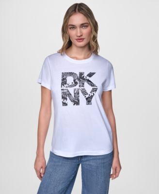 DKNY Jeans Women's Short-Sleeve Newsprint DKNY Stacked Logo Crewneck T-Shirt
