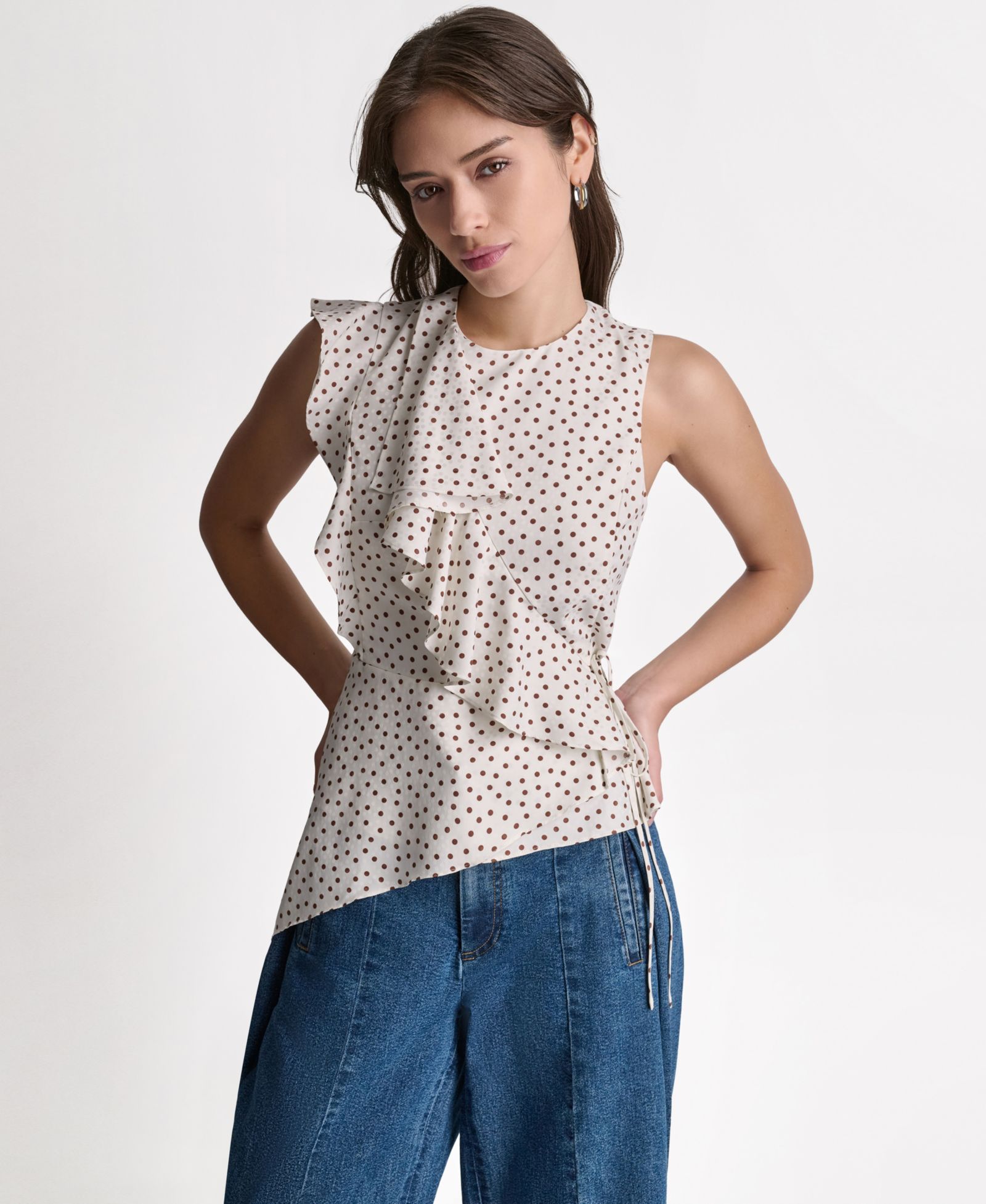 BCBG Women's Faux Wrap Crewneck Ruffle Top