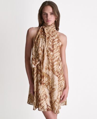 BCBG Women's High Halter Neck Scarf Detail Dress