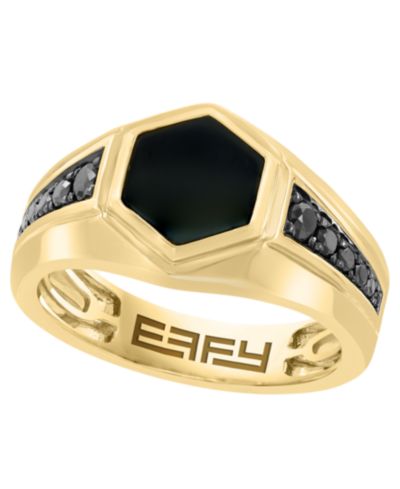 EFFY Collection Men's Black Diamond (3/8 ct. t.w.) and Onyx (9.5mm) Ring in 14k Yellow Gold-Plated Sterling Silver
