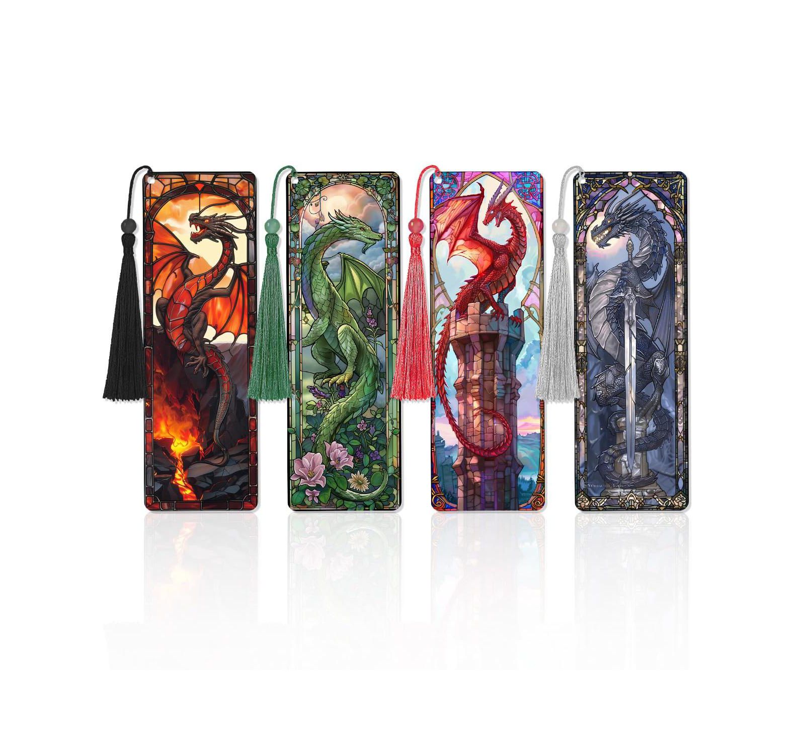 GNUADZ Stained Glass Dragon PVC Bookmarks with Tassels