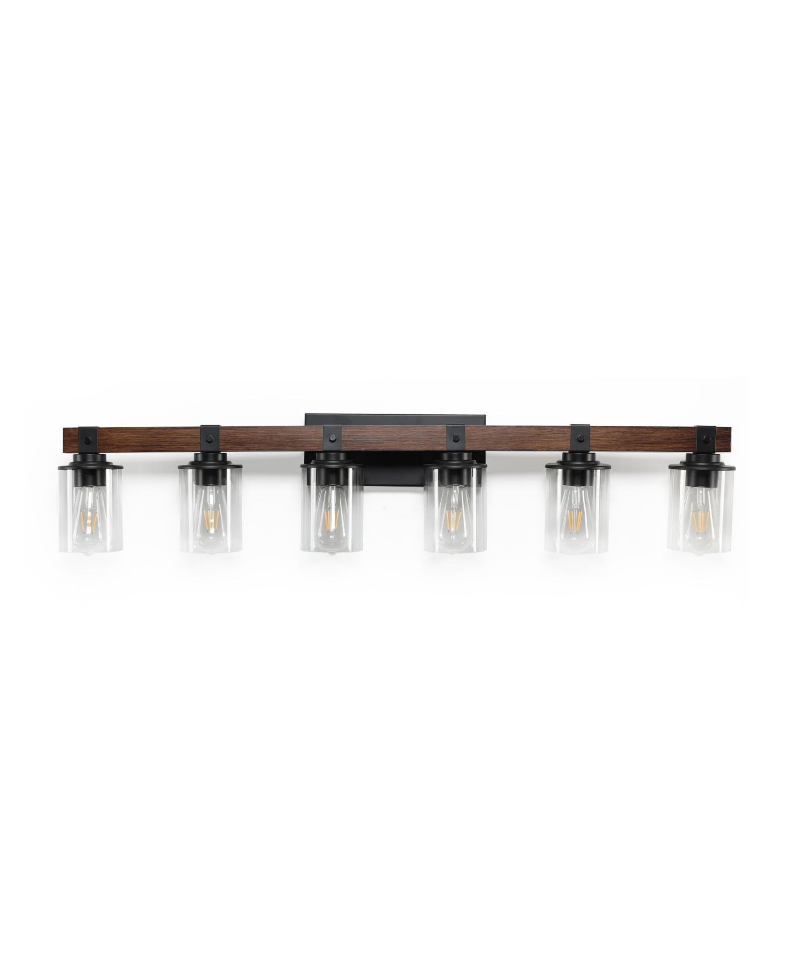 BUSDAYS 42 Inch Rustic 6 Light Vanity Light Industrial Bathroom Wall Sconce with Glass Shades Wood Accent Modern Farmhouse Lighting Fixture No Bulbs