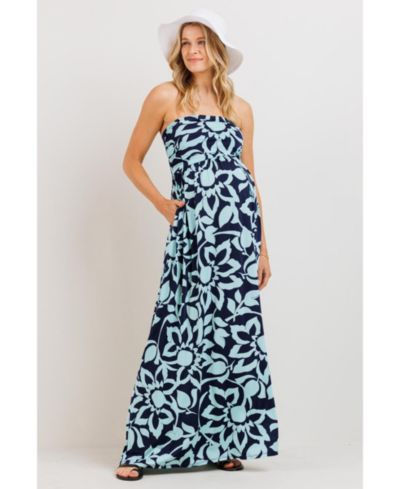 Hello Miz Women's Floral Strapless Empire Waist Maxi Dress with Side Pockets