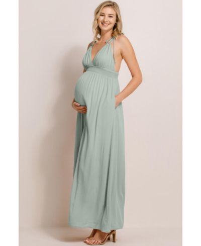 Hello Miz Women's V-Neck Tie Strap Empire Waist Maxi Dress with Pockets