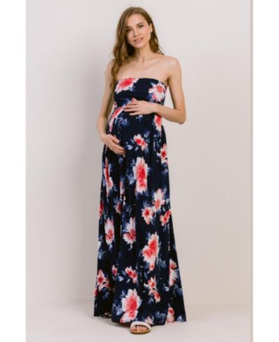 Hello Miz Women's Strapless Empire Waist Floral Maxi Dress with Side Pockets