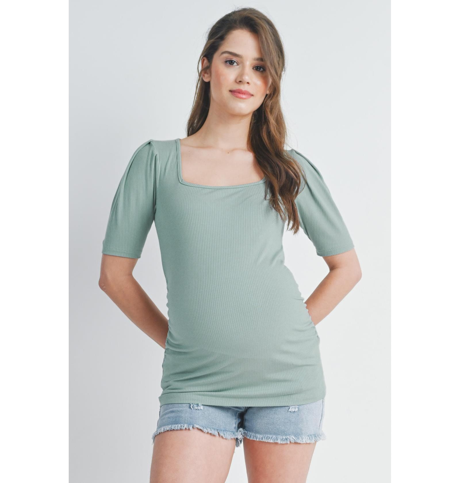 Hello Miz Women's Ribbed Puff Sleeve Square Neck Top