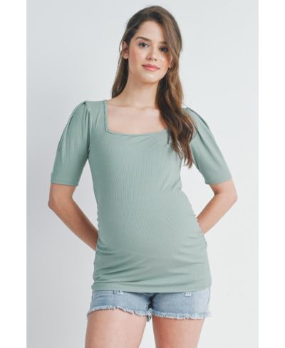Hello Miz Women's Ribbed Puff Sleeve Square Neck Top