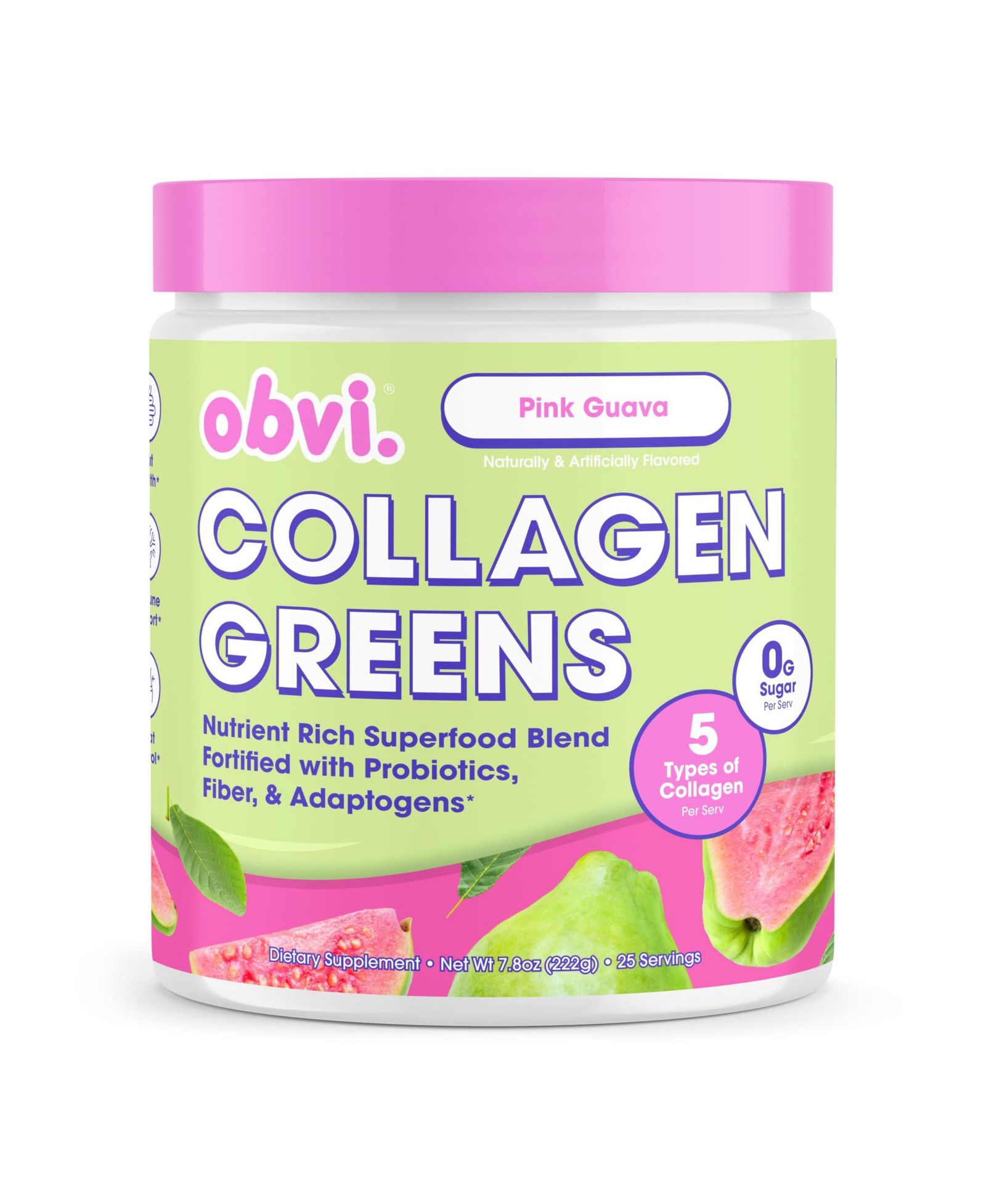 Порошок Obvi Collagen Greens для общего оздоровления, розовое гуава, 25 порций