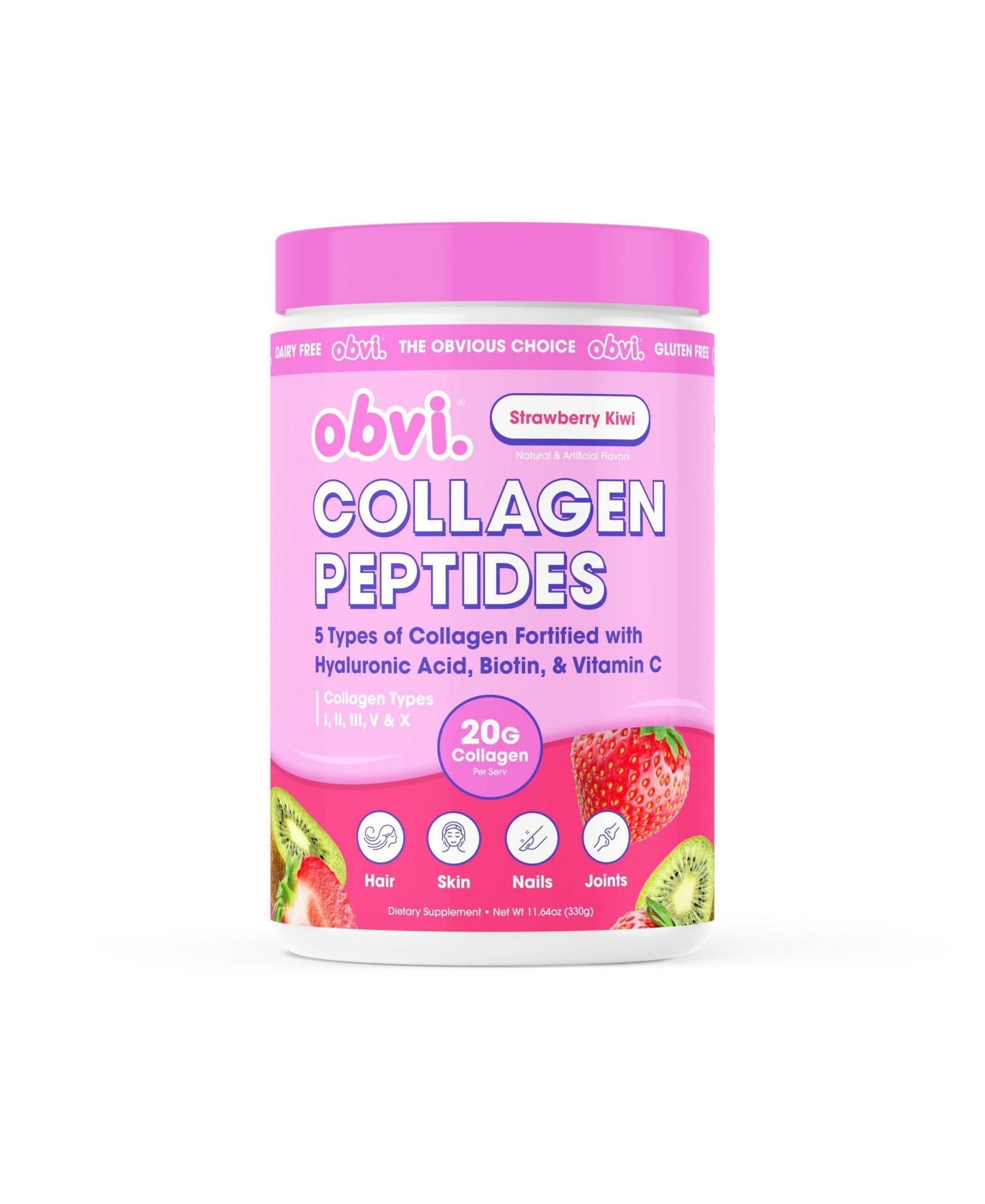 Obvi Multi-Collagen Peptides поддержка ногтей, кожи и волос - Гиалуроновая кислота, Биотин и Витамин C - Без сахара - Клубника-Киви - 14 порций