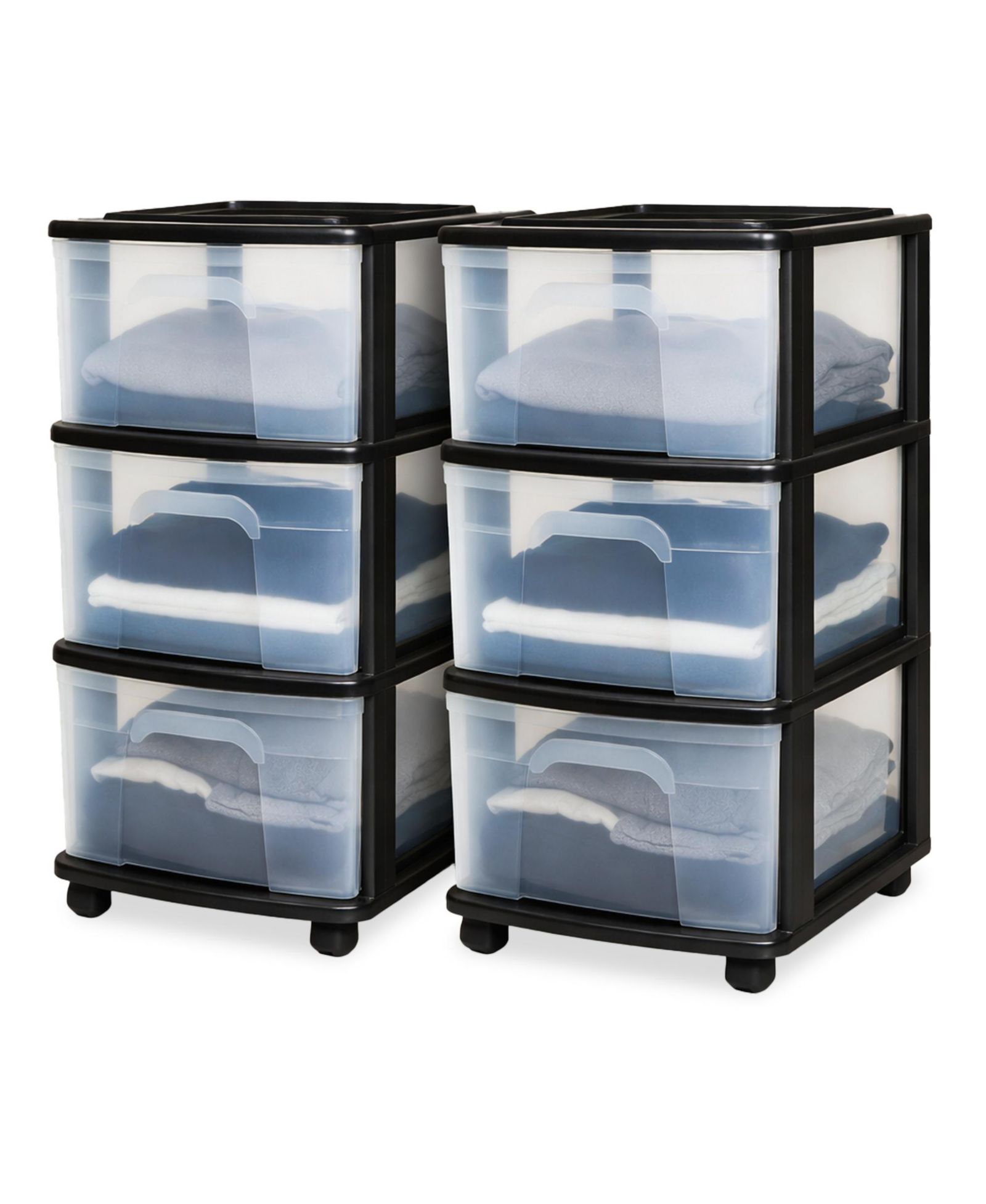 Homz Plastic 3 Drawer Medium Storage Tower, Clear Drawers and Black Frame (2 Pack)