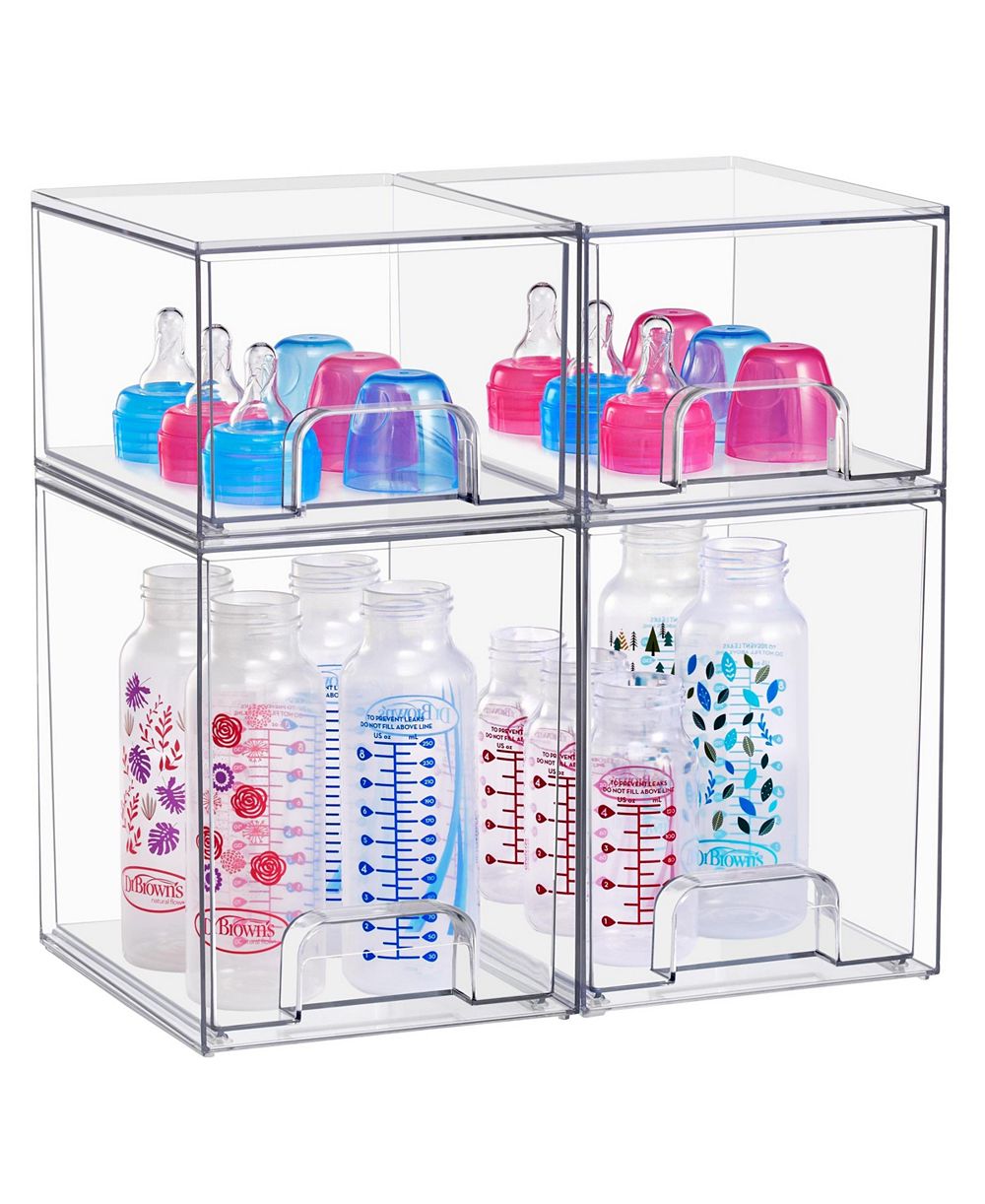 Sorbus 4 Piece Clear Stackable Pull-Out Storage Organizer Bins for Baby Bottles, Bathroom, Kitchen and More