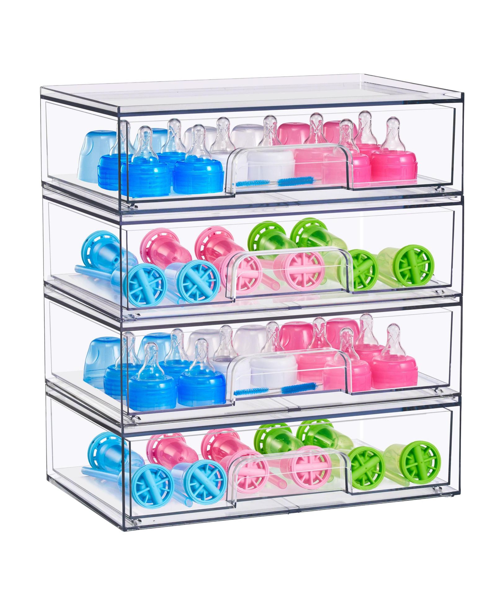 Sorbus 4 Pack Clear Wide Stackable Pull-Out Storage Organizer Bins for Baby Bottles, Bathroom, Kitchen and More