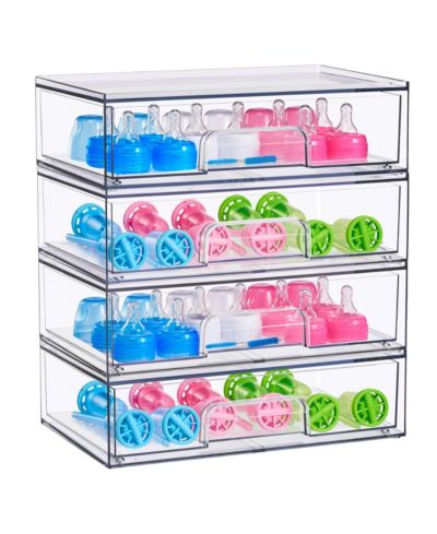 Sorbus 4 Pack Clear Wide Stackable Pull-Out Storage Organizer Bins for Baby Bottles, Bathroom, Kitchen and More