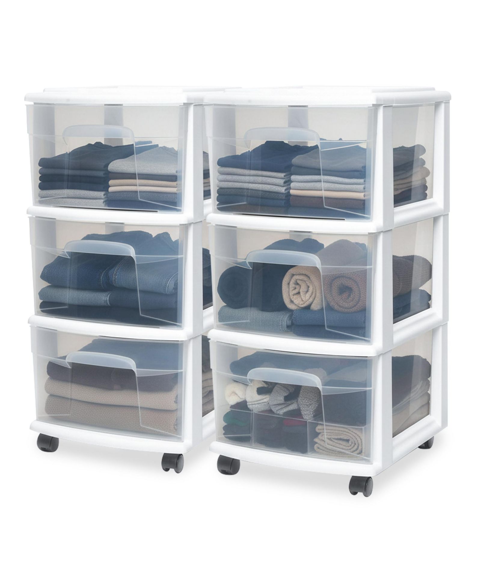 Homz Plastic 3 Drawer Medium Storage Tower, Clear Drawers/Frame (2 Pack)