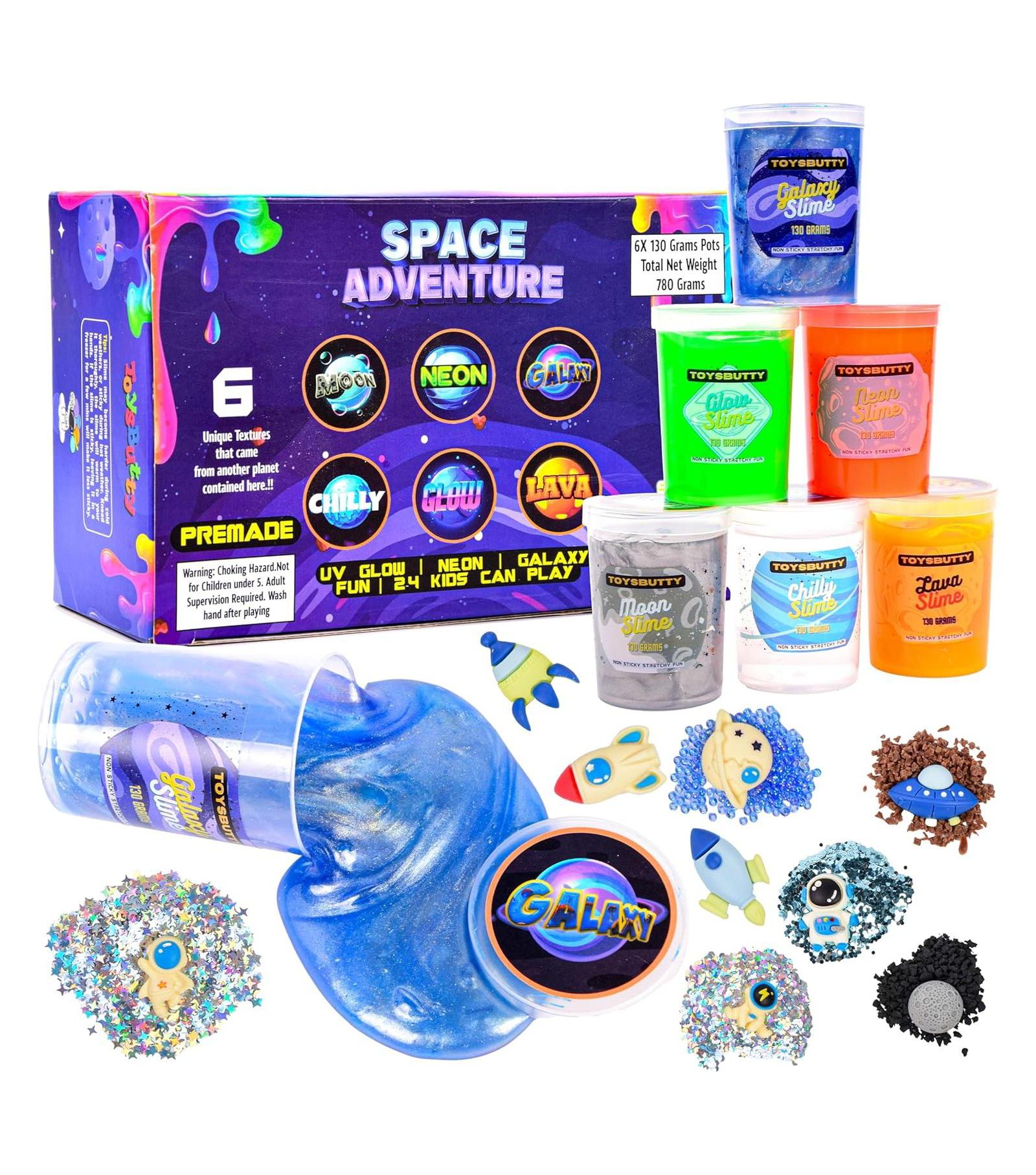 Набор слайма ToysButty FINOCLAY 6 шт. с разными ароматами, металлический блеск, 15 космических значков, неоновый и прозрачный пластилин для девочек и мальчиков