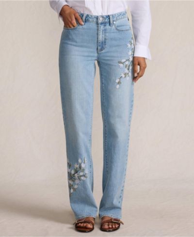 Женские джинсы Lands' End Tall Soft Denim Mid Rise Relaxed Straight Leg с вышивкой