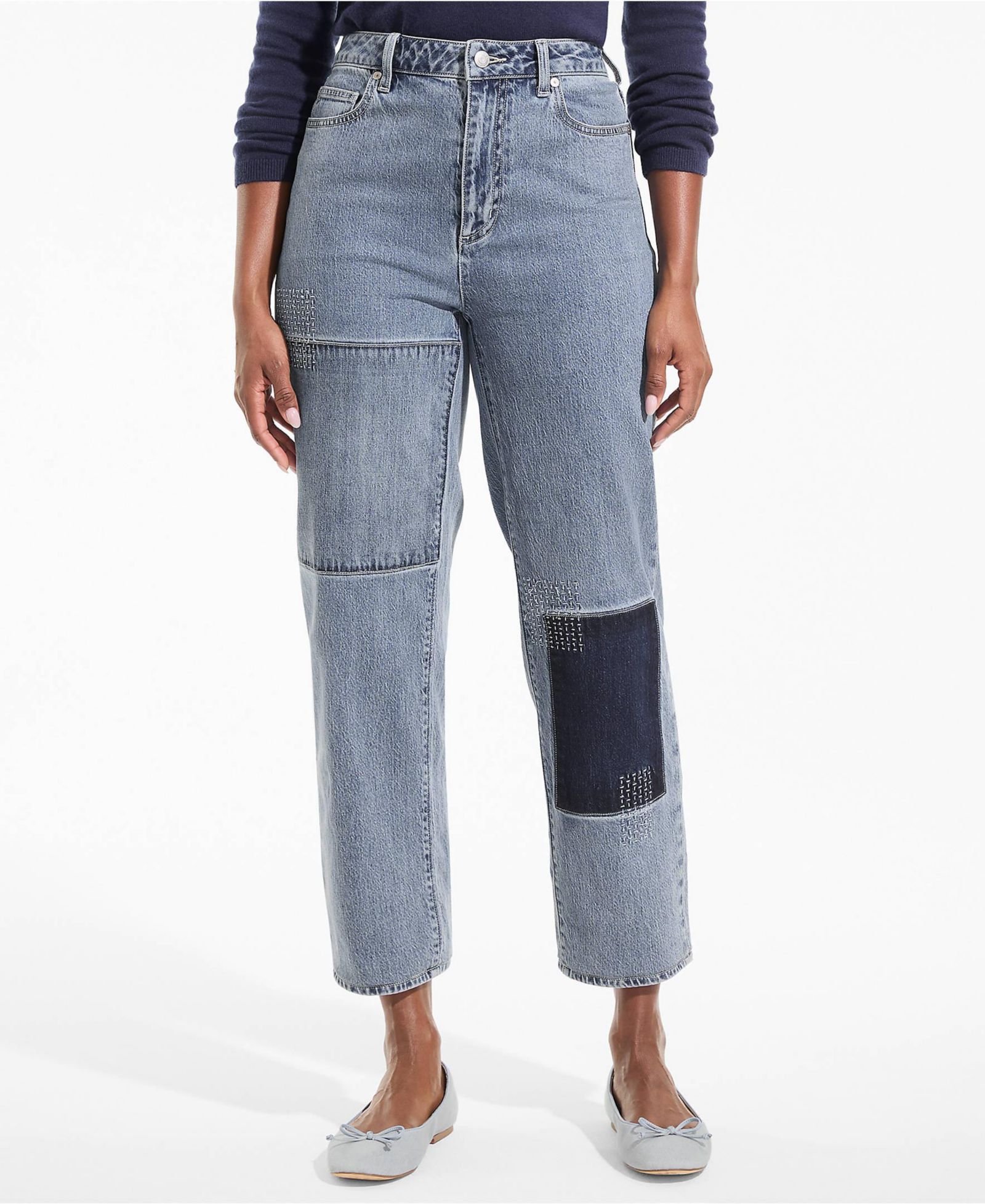 Lands' End Petite Soft Denim Mid Rise Relaxed Straight Crop Patchwork Jeans