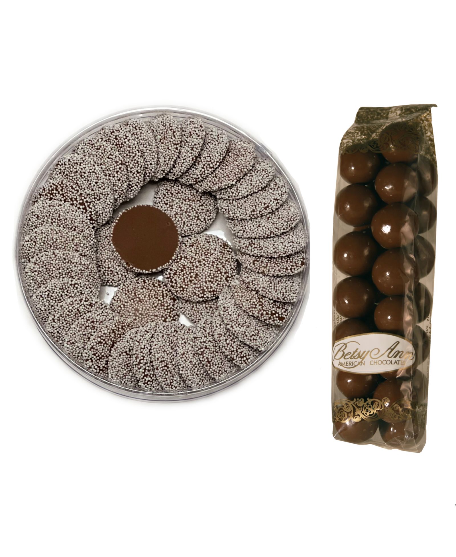 Шоколадные конфеты Betsy Ann Chocolates Traditional Milk Non Pareils и Gourmet Malted Milk Balls, 10 oz.