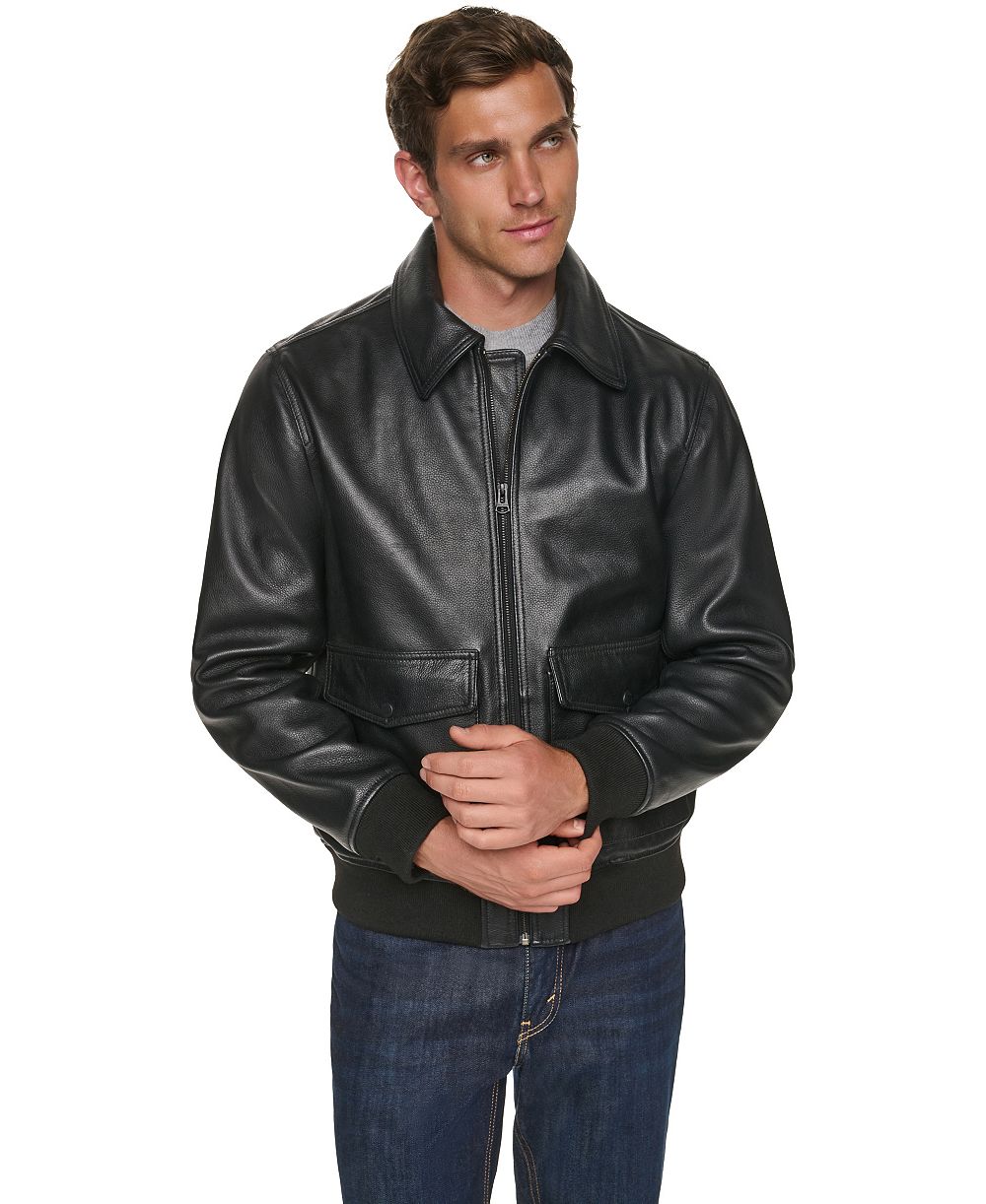 Cole Haan Men's Textured Genuine Leather Bomber Jacket