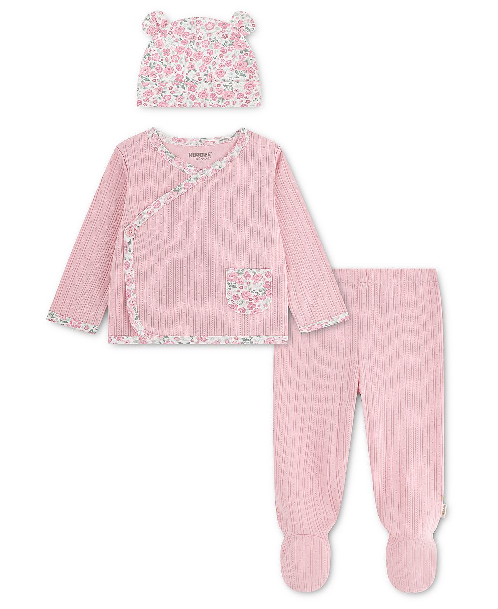 Huggies комплект для девочек: топ с длинным рукавом, штаны с носочками и шапка, 3 предмета