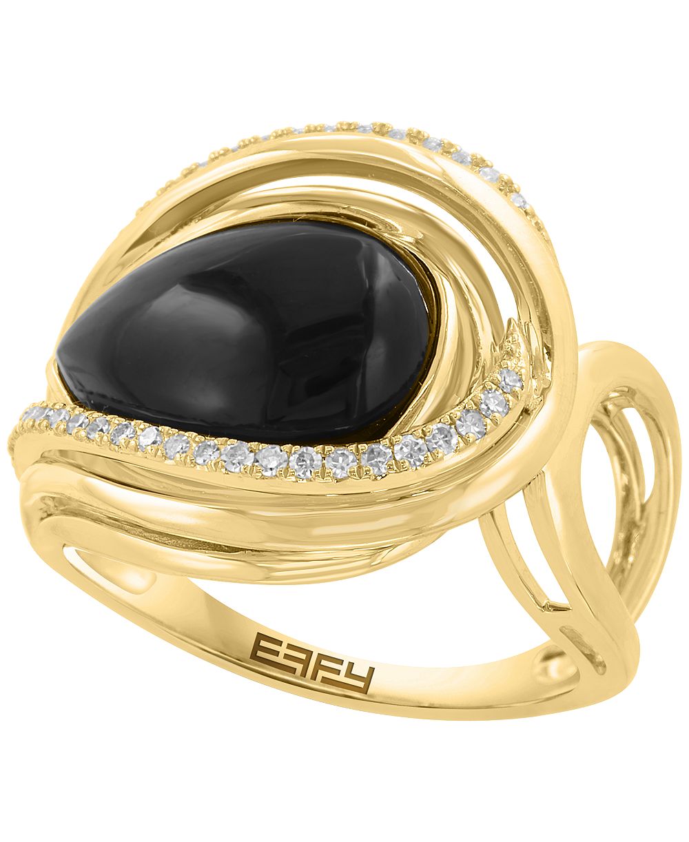 EFFY Collection Onyx (14x10mm) & Diamond (1/6 ct. t.w.) Ring in 14k Gold over Silver
