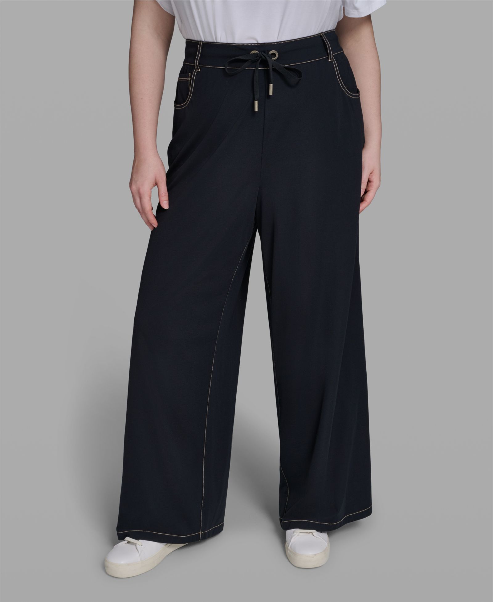 KARL LAGERFELD PARIS Plus Size High-Waist Knit Flared Drawstring Pants