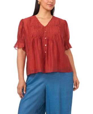 Vince Camuto Plus Size V-Neck Puff-Sleeve Pintuck Top