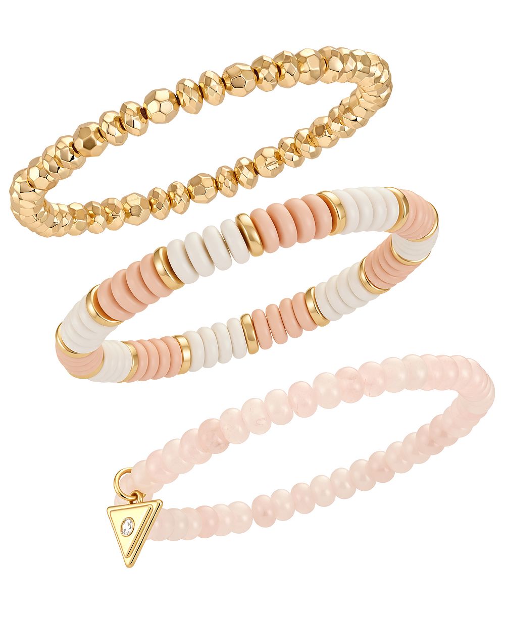 GUESS Gold-Tone Rose Quartz Stone Stretch Bracelet, 3-Piece Set