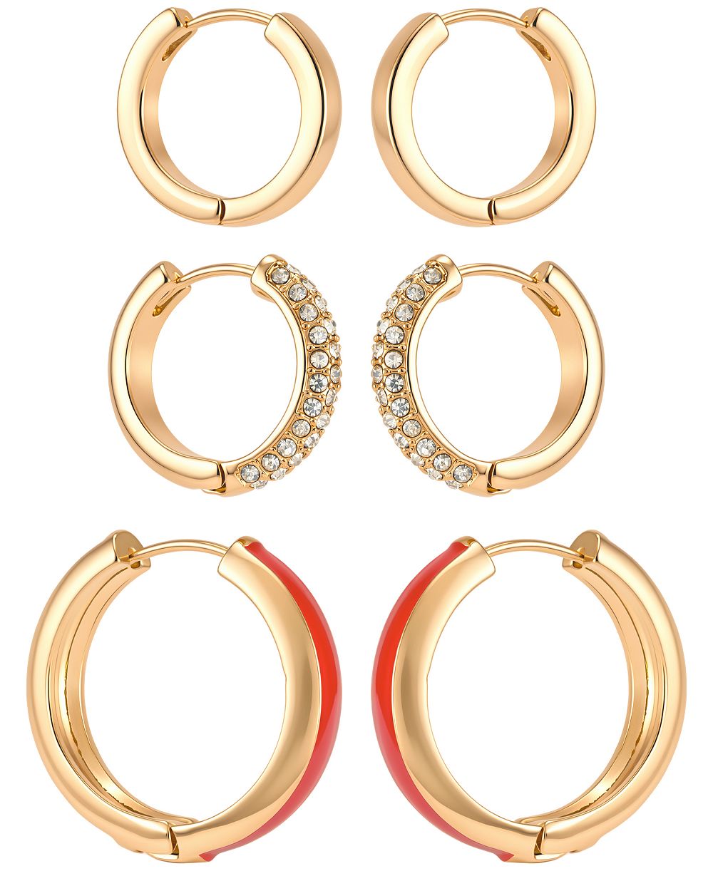 GUESS Gold-Tone Crystal Stone Hoop Earrings, 3-Piece Set