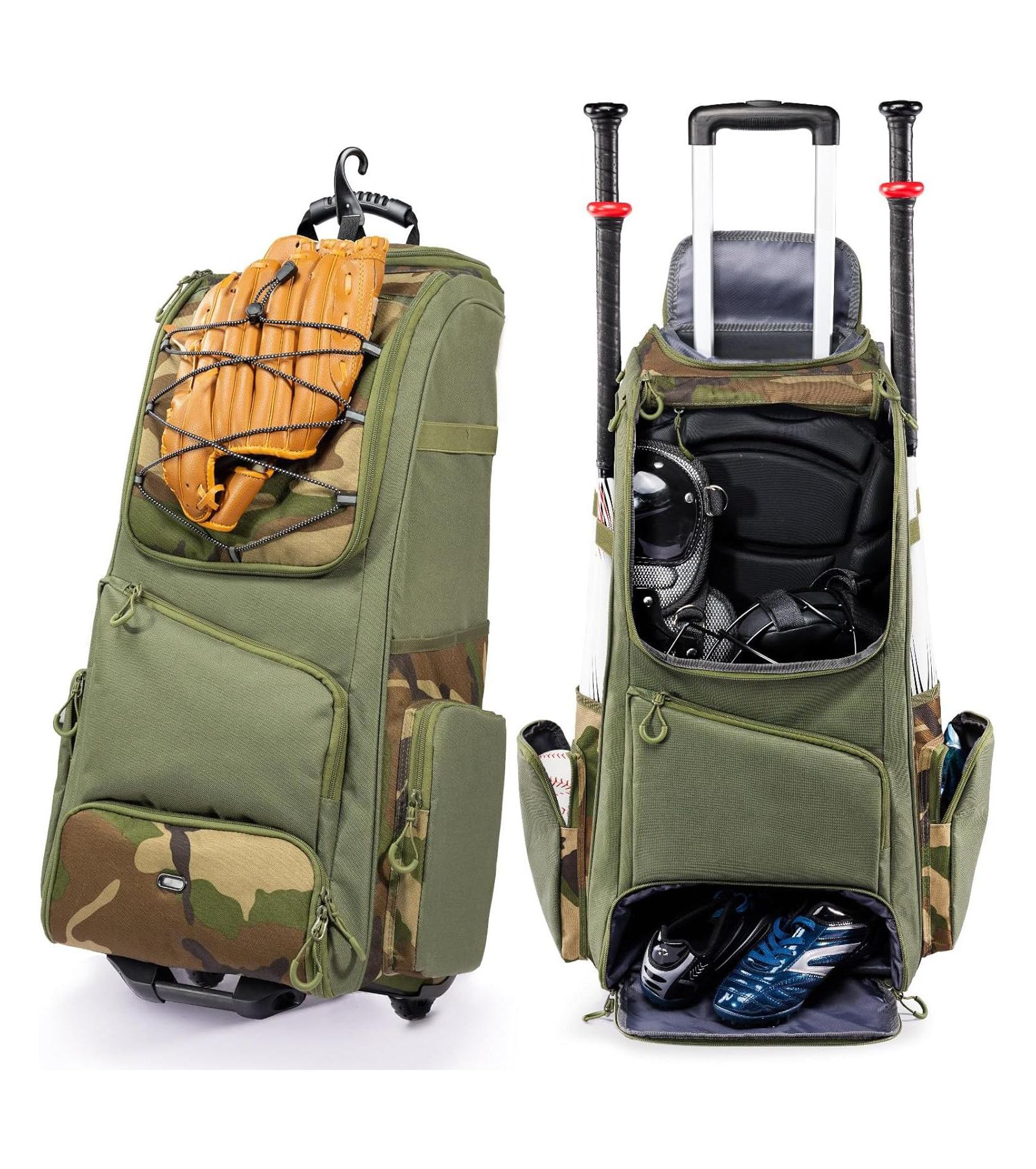 Furlihong 60L Rolling Baseball Bag - Youth Equipment Bag Holds 4 Bats, Shoe Compart and Fence Hook, for Boys and Girls 8+
